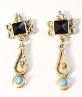 STERLING SILVER EARRINGS - TAXCO ONYX & TURQUOISE