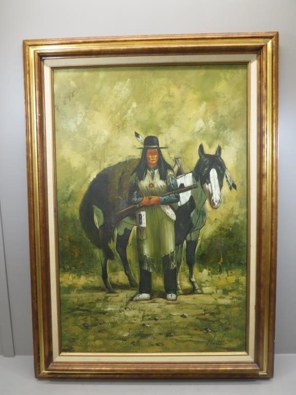 Large framed Native American oil on canvas