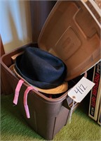 Plastic Bin, Lid & Stuffed Animals, Hats