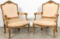 Pair, Carved Louis XV Style Giltwood Fauteuils