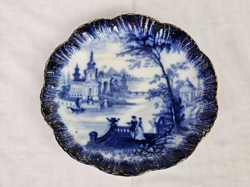 Antique Flow Blue Gilt Edged 9" Plate, "Florence"
