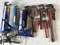 6 Pipe Wrenches Assorted. 3  Caulking Guns