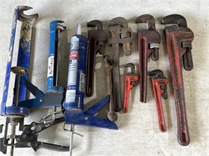6 Pipe Wrenches Assorted. 3  Caulking Guns