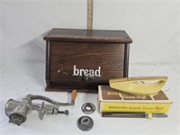 Bread Box, Electric Knife & Vintage Food Grinder
