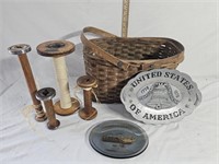 (4) Vintage Wooden Spools, Basket & More