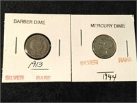 1913 Silver Barber & 1944 Silver Mercury Dime RARE