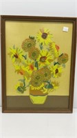 Crewel Sunflowers in vase, 18x24 in brown wood