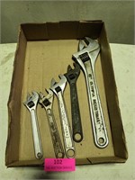 5 asst 8"-15" adjustable wrenches, 2 are Crescent