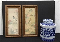 Blue & White Oriental Jar & Framed Art