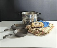 Kitchen items strainer, cast iron, pot holders