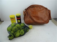 Lot of Tennis Balls with Leather Tennis Bag