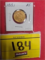 1881 LIBERTY 5 DOLLAR GOLD PIECE