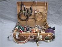 Wooden Cigar Box Filled W/Assorted Costume Jewelry