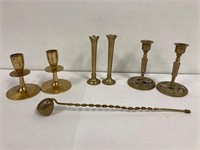 Brass candle stick holders and a snuffer