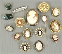Group of vintage, etc. carved cameos, stone pins,
