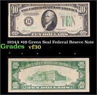 1934A $10 Green Seal Federal Reseve Note Grades vf