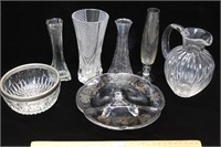 PRETTY CLEAR GLASS VASES & SILVER OVERLAY DISH