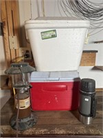 Coleman lantern, Rubbermaid cooler and thermos