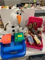 LARGE OLAF PLUSH, CASE OF BARBIE DOLLS, WHIRLEY