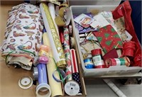 2 boxes miscellaneous gift wrap, bags, and ribbon