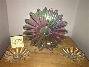 Carnival Glass Platter & Candle Holders