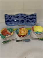 Fish Theme Serving Tray, Bowls and Spread Knives