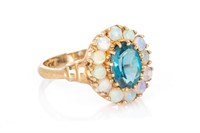 VINTAGE 10K GOLD, OPAL AND AQUA CLUSTER RING, 3.1g