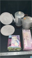 Frankoma collector plates, vintage coffee pots,