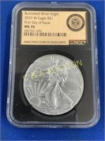 2019W MS70 BURNISHED SILVER EAGLE 1ST DAY ISSUE