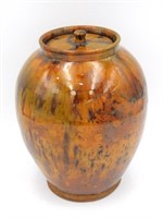 Redware ovoid covered jar. 18th/ 19th century.