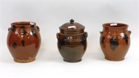 (3) redware handled ovoid crocks. Early 19th
