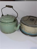 Vintage cake tin & tea kettle.