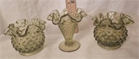 (3) Fenton Colonial Green Hobnail Ruffled Vases