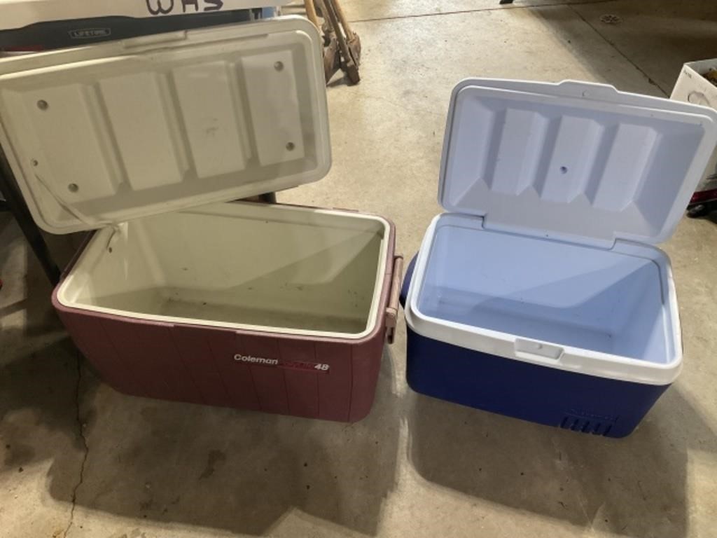 2 Coleman Coolers, 1 w/broken hinge