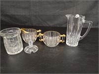 4 pcs Glassware: Sugar & Creamer, Pitcher, Jelly j
