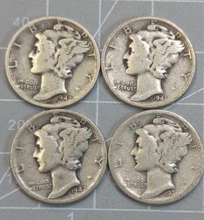 Lot of four mercury dimes