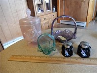 4 FENTON PIECES - PURPLE BASKET REPAIRED