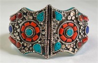 Large Heavy Vintage Sterling Turquoise/Coral Cuff