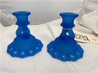 2 Frosted Glass Candlesticks & Stoneware Pitcher