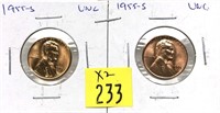 x2- 1955-S Lincoln cents, Unc. -x2 cents-Sold by