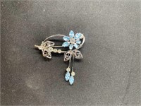 Marked Sterling Silver Blue Rhinestone Floral Pin