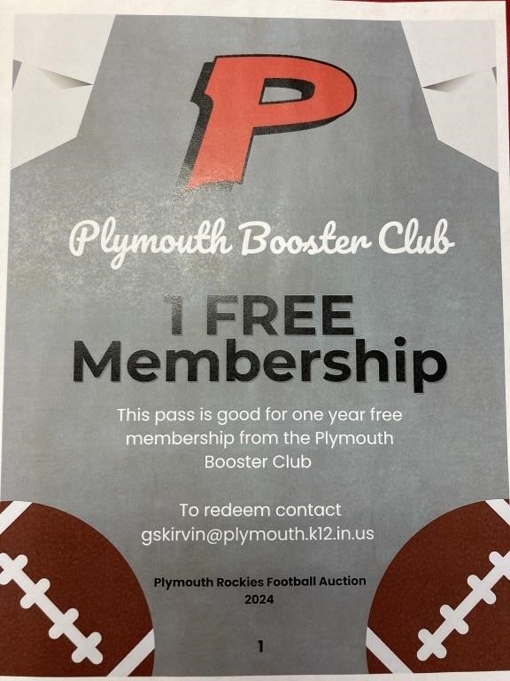 Plymouth Booster Club 1 free Membership