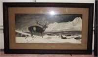 (2) framed antique charcoal drawings elk and