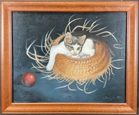 Signed Original Cat in Basket Painting