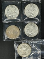 5 - uncirculated 1887 Morgan silver dollars