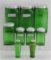 9pc Green Depression Glass Hoosier Canisters