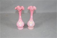 2 Pink Fluted Vases with Painted Flowers