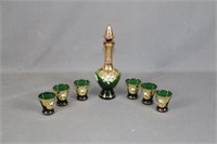 Green Decanter with 6 Glasses