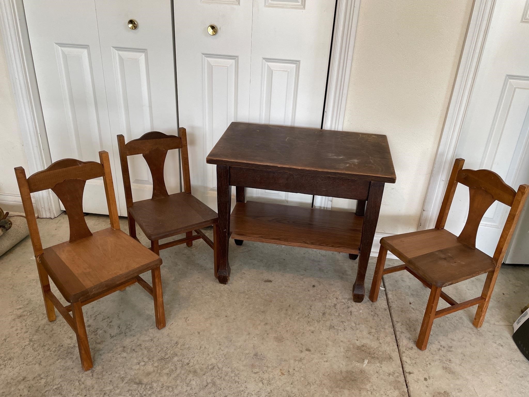 Antique children’s desk and 3 - chairs
