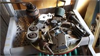 Collection of pulleys padlocks, hinges, oil can